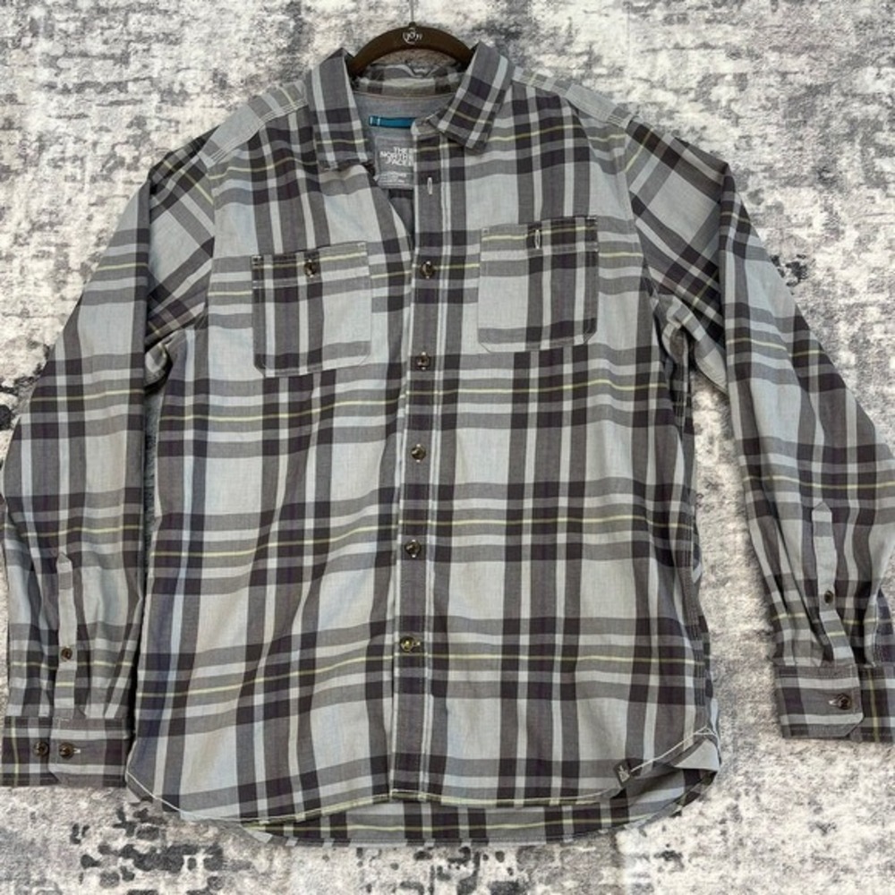 The North Face Mens Long Sleeve Large Plaid Button Up Shirt Grey Yellow Purple